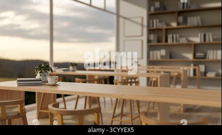 Eine Kaffeetasse und ein Buch auf Holztheke oder ein langer Tisch auf Parkettboden im Speisesaal mit großem Bücherregal und Glaswand. 3D-Rendering, 3D-Anzeige Stockfoto