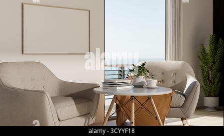 Runder Hocker und Sofas oder Sessel vor weißer Wand mit leerem Rahmen in der Nähe des Balkoneingangs. Wohnzimmer. 3D-Rendering, 3D-Illustration Stockfoto
