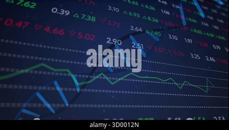 Anzeigen eines Helixdiagramms zur Verfolgung von Marktdaten in gepunktetem Raster mit Balken und Pfeilmarkierungen. Finanzen, Technologie, Innovation, Daten, Analysen, di Stockfoto