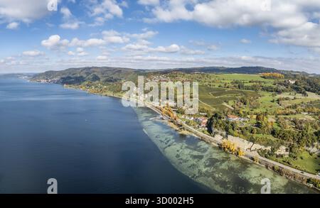 Luftaufnahme, Panorama des Bodensees, Ueberlinger See, umgeben von Herbstvegetation mit dem Dorf Hoedingen, links am Horizont Stockfoto