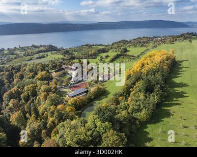 Aus der Vogelperspektive auf den Bodensee, Ueberlinger See, umgeben von Herbstvegetation mit Schloss Spetzgart, Salem International College, Bodanrueck auf dem Stockfoto