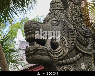 Nahaufnahme eines Steindrachen mit offenem Mund Stockfoto