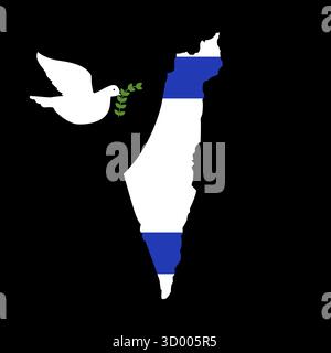 Flagge auf der Karte Israels mit der Taube des Friedens. Weiße Taube, die in die Nähe des Landes fliegt, hält einen Olivenzweig des Friedens. Das Konzept eines flatternden Vogels Th Stockfoto
