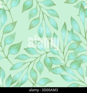 Ein nahtloses Muster mit anmutigen türkisfarbenen Blättern an Zweigen. Botanische Illustration mit Aquarell. Handgezeichnete isolierte Kunst. Geeignet für Textildesign Stockfoto