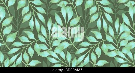 Nahtloses Muster mit anmutigen türkisfarbenen Blättern an Zweigen. Botanische Illustration mit Aquarell. Handgezeichnete isolierte Kunst. Horizontaler Hintergrund für Stockfoto