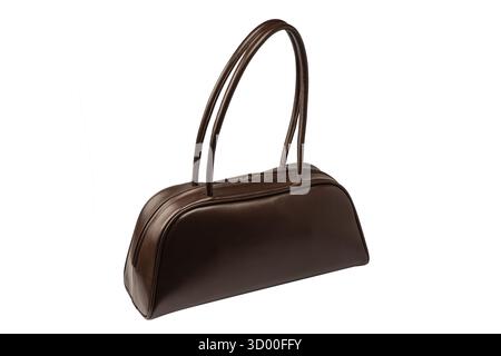 Bowling Browm Ledertasche isoliert auf weißem Hintergrund. Trendige Damentasche. Stockfoto