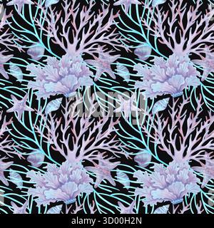 Nahtloses Meeresmuster aus Korallen, Muscheln, Seesternen, Algen. Aquarelldarstellung von Unterwassertieren. Handgezeichnete isolierte Abbildung Stockfoto