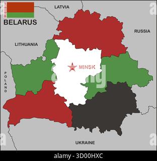 Politische Karte des belarussischen Landes mit Flagge Stockfoto