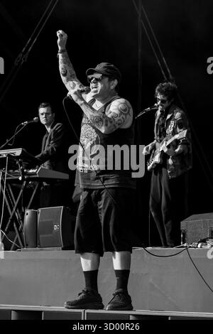 WARMDUSCHER, KONZERT, 2025: Craig Higgins (Cams Baker Jr.) von der Rockband Warmduscher spielt auf der Bergbühne. Brecon, Wales, Großbritannien, 17. August 2025. Das Green Man Festival 2025. Foto: Rob Watkins/Alamy Live News. INFO: Warmduscher ist eine 2014 in London gegründete Band, die Funk, Punk und verschlafenen Rock mit surrealem Humor verbindet. Bekannt für wilde Live-Shows, sorgt der krasselige Sound für Chaos und Groove. Stockfoto
