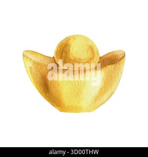 Goldener Barren, chinesisches Symbol für Reichtum und Wohlstand Aquarellillustration. Handgezeichnetes isoliertes Goldstück für das asiatische Frühlingsfest oder Mondne Stockfoto