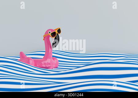Sommer- Und Lustiges Konzept. Aufblasbarer Rosafarbener Flamingo Mit Sonnenbrille, Die Auf Stilisierten Blauen Und Weißen Wellen Schwimmt. 3D-Rendering Stockfoto