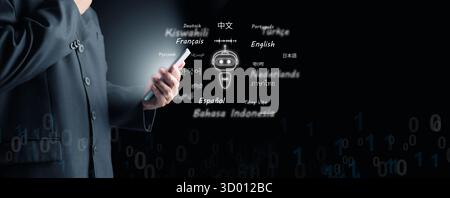 KI-Sprachübersetzer Chatbot-Schnittstelle mit holografischen Weltsprachen und binärem Code, Übersetzungstechnologie, künstlicher Intelligenz und Welt Stockfoto