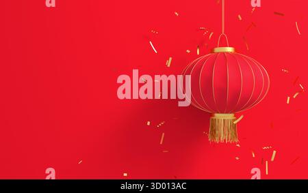Rote chinesische Laterne, die mit goldenem Konfetti auf rotem Hintergrund hängt. Bietet Platz für festliche chinesische Neujahrskonzepte Stockfoto