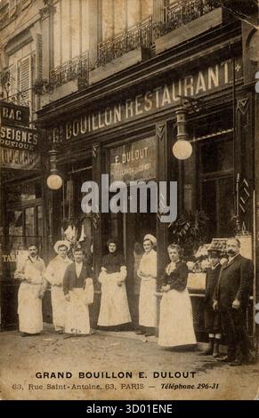 Paris, 4. Arrondissement Grand Bouillon E. Dulout (traditionelles Restaurant), 63 rue Saint-Antoine französisches Departement : 75 - Region Paris : Ile-de-France Vintage Postkarte. Ende des 19. Bis Anfang des 20. Jahrhunderts Stockfoto
