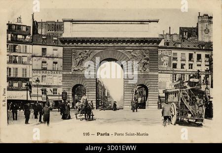 Paris, 10. Arrondissement, französisches Departement Porte Saint-Martin : 75 - Region Paris : Ile-de-France Vintage Postkarte. Anfang des 20. Jahrhunderts Stockfoto