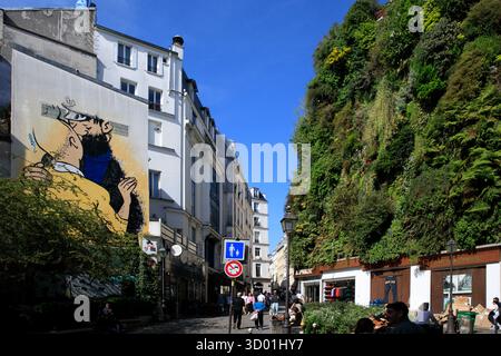 Frankreich, Region Ile de France, Paris 2. Arrondissement, Rue d'Aboukir, Rue des Petits Carreaux, die vegetarische Wand L'Oasis d'Aboukir und gemalte Wand mit Tintin-Küssen Captain Haddock, von Straßenkünstler Combo, 2018 Stockfoto