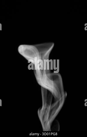 Nahaufnahme von Weißwasserdampf mit Sprühnebel aus dem Luftbefeuchter. Isoliert auf schwarzem Hintergrund. Dampfrauch auf schwarzem Hintergrund. Weißer Fantasy-Rauch. Stockfoto