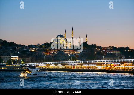 Türkei, Istanbul, Bezirk Fatih, Eminönü, Galata-Brücke bei Nacht von einer Fähre auf dem Bosporus und der Neuen Moschee (Yeni Cami) Stockfoto