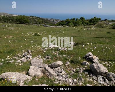 Karstlandschaft mit Blick auf das Meer, in der Nähe von Peschici, Region Gargano, Apulien, Italien Stockfoto