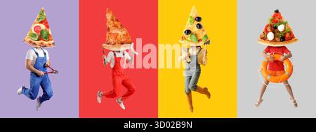 Eine Gruppe von Leuten mit leckeren Pizzascheiben statt Köpfen auf farbigem Hintergrund Stockfoto