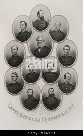 Usa. Amerikanischer Bürgerkrieg (1861–1865). Konföderierte Generäle des Bürgerkriegs. Von oben nach unten und von links nach rechts: Generalleutnant Thomas J. Jackson (1824-1863), Generalleutnant John C. Breckinridge (1821-1875 1867), Generalleutnant Sterling Price (1809 1807-1891 1876), General Joseph E. Johnston (1807 1823-1914), General Robert E. Lee (1803-1862), Generalleutnant P.G.T. Beauregard (1818-1893), Generalleutnant Leonidas Polk (1806-1864), General Braxton Bragg (1817-1870), Generalmajor, General Simon C. Stockfoto