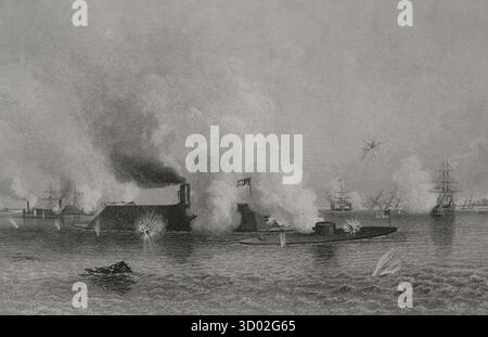 Usa. Amerikanischer Bürgerkrieg (1861–1865). Schlacht von Hampton Roads, 8. Und 9. März 1862. Die Marineeinsätze fanden in Hampton Roads statt, einer Straße in Virginia, wo der Elizabeth River und der Nansemond River auf den James River treffen, kurz bevor er in die Chesapeake Bay in der Nähe der Stadt Norfolk mündet. Die Konföderation versuchte, die Blockade der Union zu durchbrechen, die Norfolk und Richmond, Virginias größte Städte und wichtigste Industriestädte, vom internationalen Handel abgeschnitten hatte. Schlacht am 9. März zwischen den eisenverkleideten Schiffen Monitor (gebaut in New York) und der Confederate Merrimack. Von links nach rechts: Rebell Stockfoto