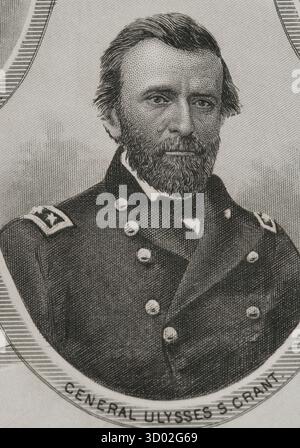 Ulysses S. Grant (1822-1885). Amerikanischer General und Politiker. 18. Präsident der Vereinigten Staaten (1869-1877). 1865 führte Grant als Commanding General der United States Army die Union Army zum Sieg im Amerikanischen Bürgerkrieg. Hochformat. Kupferstich von J.C. Buttre (1821-1893). Geschichte der Vereinigten Staaten von Amerika, von J. A. Spencer. Band III. Ausgabe in Barcelona, 1873. Stockfoto