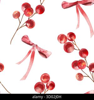 Weihnachten und Neujahr Aquarell nahtloses Muster mit roten Beerenstamm und festlicher Schleife Aquarellillustration. Handgezeichnet festliche Wintersaison bac Stockfoto