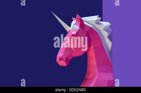 Geometrischer rosafarbener blauer Einhorn-Skulptur doppelter Hintergrund. Die auffällige und moderne geometrische Einhornskulptur in rosa weiß steht auf der Rückseite in rosa Violett Stockfoto