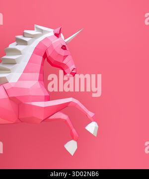Geometrischer Rosafarbener Einhorn-Skulptur Doppelter Hintergrund. Auffällige und moderne geometrische Einhornskulptur in rosa weiß steht vor gespaltenem rosa violetten Hintergrund Stockfoto