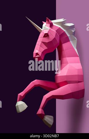Geometrischer Rosafarbener Einhorn-Skulptur Doppelter Hintergrund. Auffällige und moderne geometrische Einhornskulptur in rosa weiß steht vor gespaltenem rosa violetten Hintergrund Stockfoto