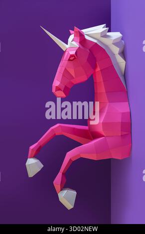 Geometrischer Rosafarbener Einhorn-Skulptur Doppelter Hintergrund. Auffällige und moderne geometrische Einhornskulptur in rosa weiß steht vor gespaltenem rosa violetten Hintergrund Stockfoto