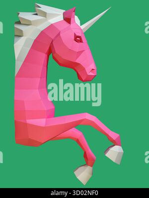 Geometrischer rosafarbener grüner Einhorn-Skulptur doppelter Hintergrund. Die auffällige und moderne geometrische Einhornskulptur in rosa weiß steht vor dem gespaltenen rosa violetten bac Stockfoto