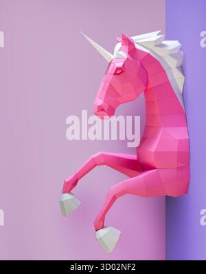 Geometrischer Rosafarbener Einhorn-Skulptur Doppelter Hintergrund. Auffällige und moderne geometrische Einhornskulptur in rosa weiß steht vor gespaltenem rosa violetten Hintergrund Stockfoto