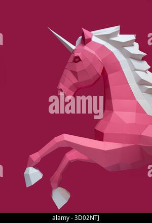 Geometrischer Rosafarbener Einhorn-Skulptur Doppelter Hintergrund. Auffällige und moderne geometrische Einhornskulptur in rosa weiß steht vor gespaltenem rosa violetten Hintergrund Stockfoto