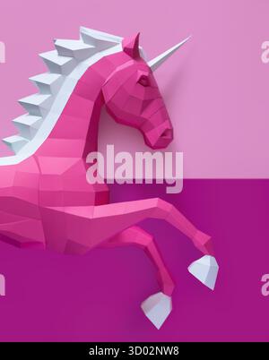 Geometrischer Rosafarbener Einhorn-Skulptur Doppelter Hintergrund. Auffällige und moderne geometrische Einhornskulptur in rosa weiß steht vor gespaltenem rosa violetten Hintergrund Stockfoto