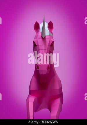 Geometrischer Rosafarbener Einhorn-Skulptur Doppelter Hintergrund. Auffällige und moderne geometrische Einhornskulptur in rosa weiß steht vor gespaltenem rosa violetten Hintergrund Stockfoto