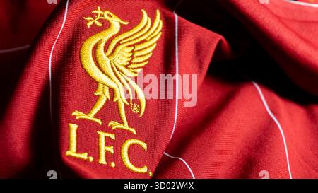 Kalimantan Selatan, Indonesien - 08 06 2025 : Nahaufnahme des Liverbird Emblems auf rotem Liverpool Heimtrikot mit New Balance Branding, Schwerpunkt auf detaillierten St Stockfoto
