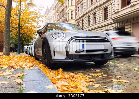 Moody, malerischer Blick auf die Frontscheinwerfer modernes graues Auto Windschutzscheibe bedeckt goldene gelbe gefallene Blätter geparkt nasse Stadt Straße Herbst regnerischer Tag. Bewölkt Stockfoto