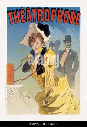 Farblithographie von Jules Chéret zur Förderung des Théâtrophone, eines Telefonverteilungssystems, das es den Abonnenten ermöglichte, Oper und die zu hören Stockfoto