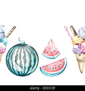 Erfrischend lebendige Hintergrundtapete mit nahtlosem Muster, die Sommer, Strandatmosphäre und fröhliche Entspannung mit Eis, Wassermelone und feiert Stock Vektor