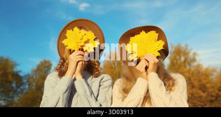 Glückliche zwei Freundinnen, die ihr Gesicht mit herbstlichen Ahornblättern bedecken, lustige Freundinnen, die gemeinsam Spaß im Freien haben, im sonnigen Park, Herbstsaison || Model veröffentlicht Stockfoto