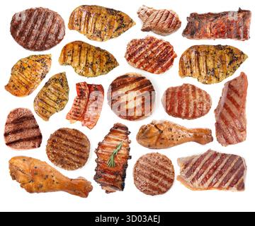 Leckeres gegrilltes Fleisch isoliert auf weiß, Set Stockfoto
