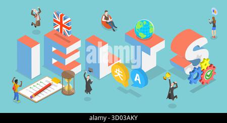 3D Isometrische flache Illustration von IELTS, International English Language Testing System 3D Isometrische flache Illustration von IELTS, International English Language Testing System Stockfoto