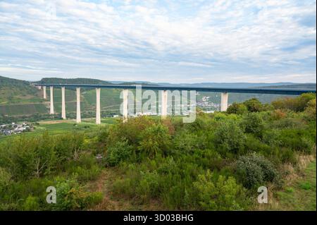 Hohe Moselbrücke verbindet das Moseltal bei Zeltingen Rachtig, Autobahnüberquerung, deutsche Autobahn, Luftsicht Stockfoto