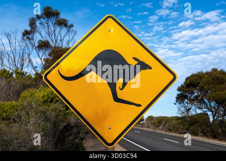 Ein leuchtend gelbes Straßenschild mit Känguru-Silhouette warnt Fahrer vor Wildtieren in Australien. Der Hintergrund zeigt Buschland und einen klaren blauen Himmel Stockfoto