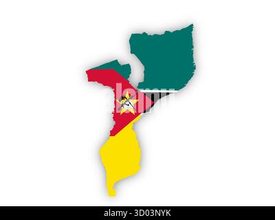 Flagge von Mosambik in Form des Landes auf weißem Hintergrund. Elemente dieses Bildes, die von der ESA bereitgestellt werden. Stockfoto