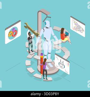 Isometrische flache 3D-Illustration der Roboterherstellungstechnologie, Künstliche Intelligenz 3D Isometrische flache Illustration der Roboterherstellungstechnologie, Künstliche Intelligenz Stockfoto