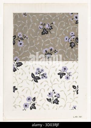 Design for a Printed Textile: Floral, ca. 1801, von Louis-Albert DuBois, Pinsel und Gouache über Graphit auf weißem Webpapier, mit einem zarten sich wiederholenden Muster aus Lavendelblüten und feinen Weinranken auf kontrastierenden hellen und dunklen Hintergründen. Stockfoto