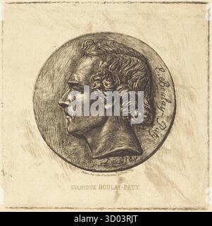 Evariste Boulay-Paty; Ein Dichter (aus einer Bronze von David d’Angers), 1861 Gravur von Charles Meryon, mit einem Profil-Porträtmedaillon des französischen Dichters Evariste Boulay-Paty, im klassischen Stil mit feinen Linien-Gravuren versehen. Stockfoto